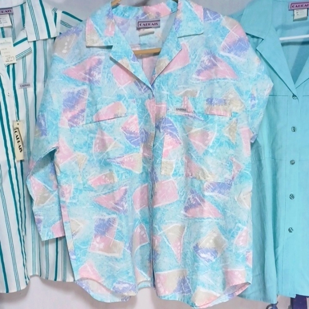 CABRAIS WOMENS TOP SIZE L IN A BEAUTIFUL PINK AND GREEN